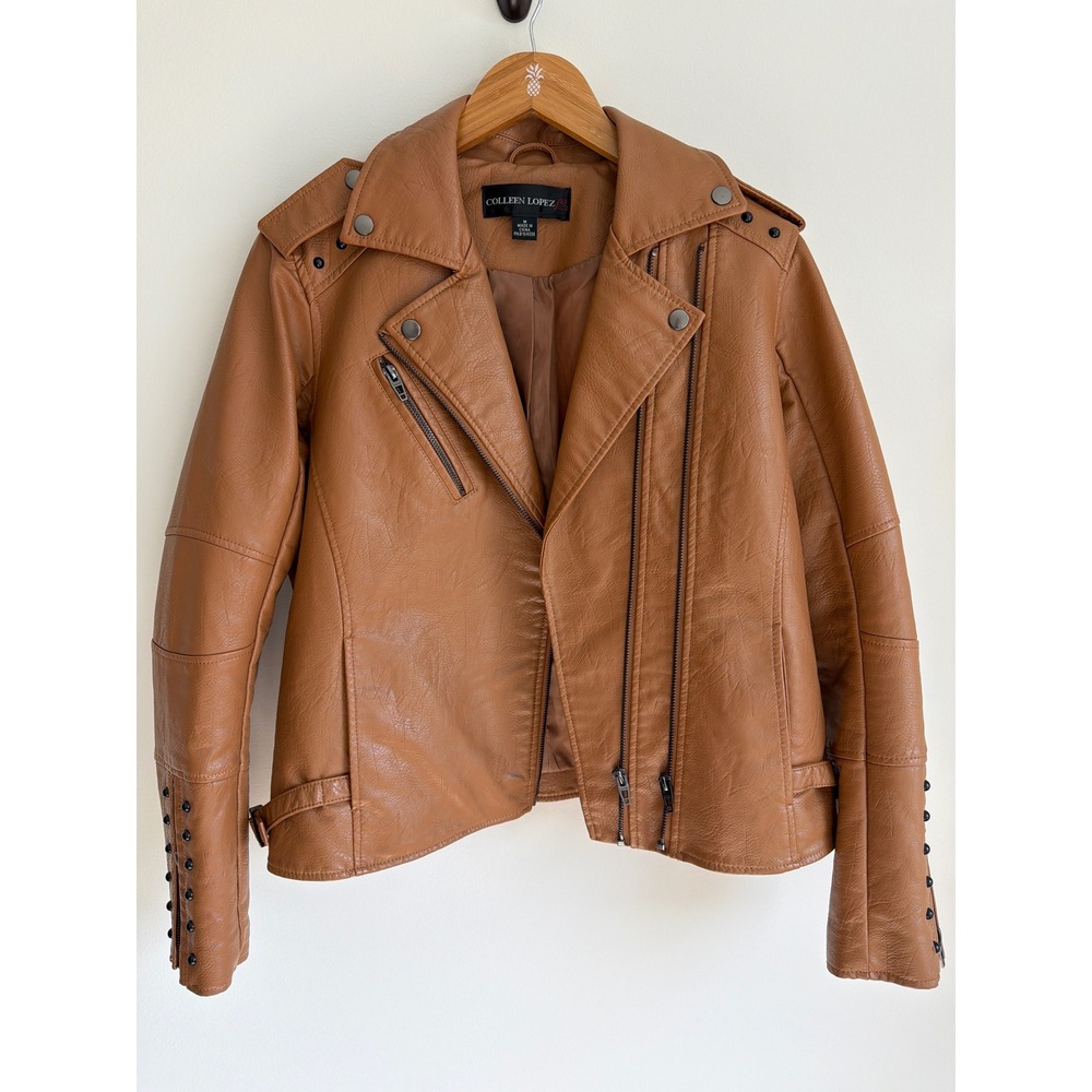 Women's Medium Cognac Brown Faux Leather Studded Moto Biker Motorbike Zip Jacket